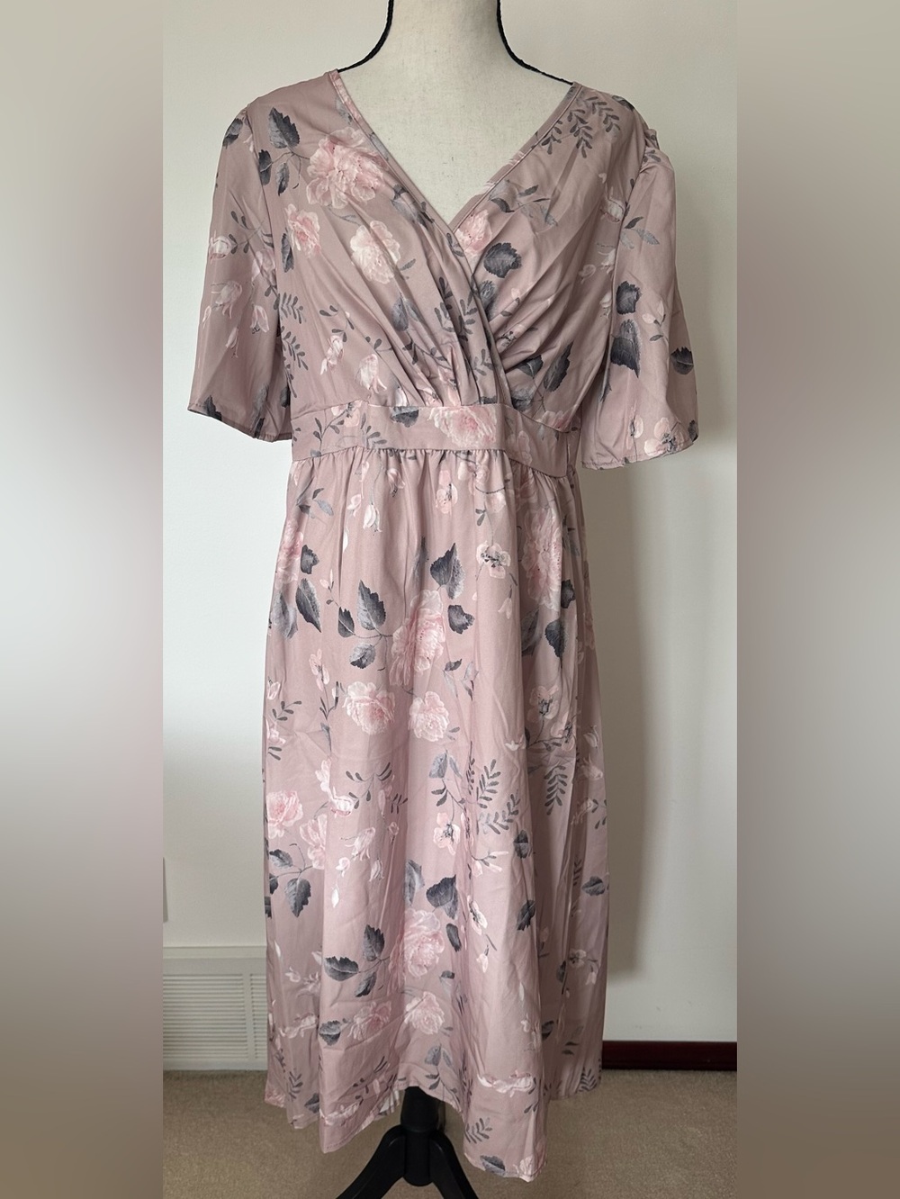 Cottagecore Dusty Rose Pink Floral Flutter Sleeve Maxi Dress Modest Boho XL